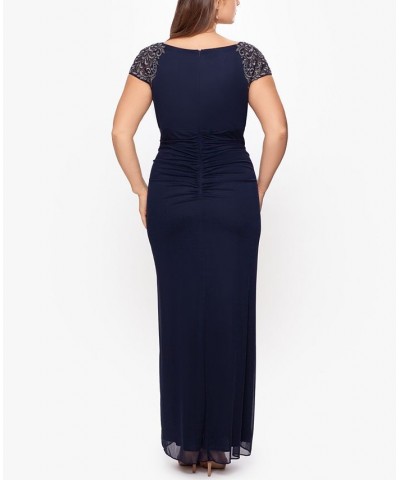 Plus Size Embellished Illusion-Yoke Gown Navy Blue/Gunmetal $74.70 Dresses