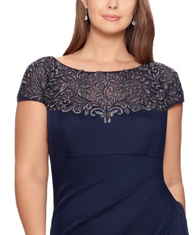 Plus Size Embellished Illusion-Yoke Gown Navy Blue/Gunmetal $74.70 Dresses