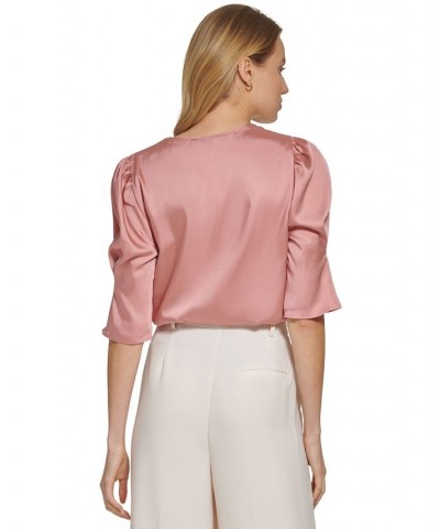 Women's V-Neck Elbow-Length-Sleeve Satin Top Pink $28.90 Tops