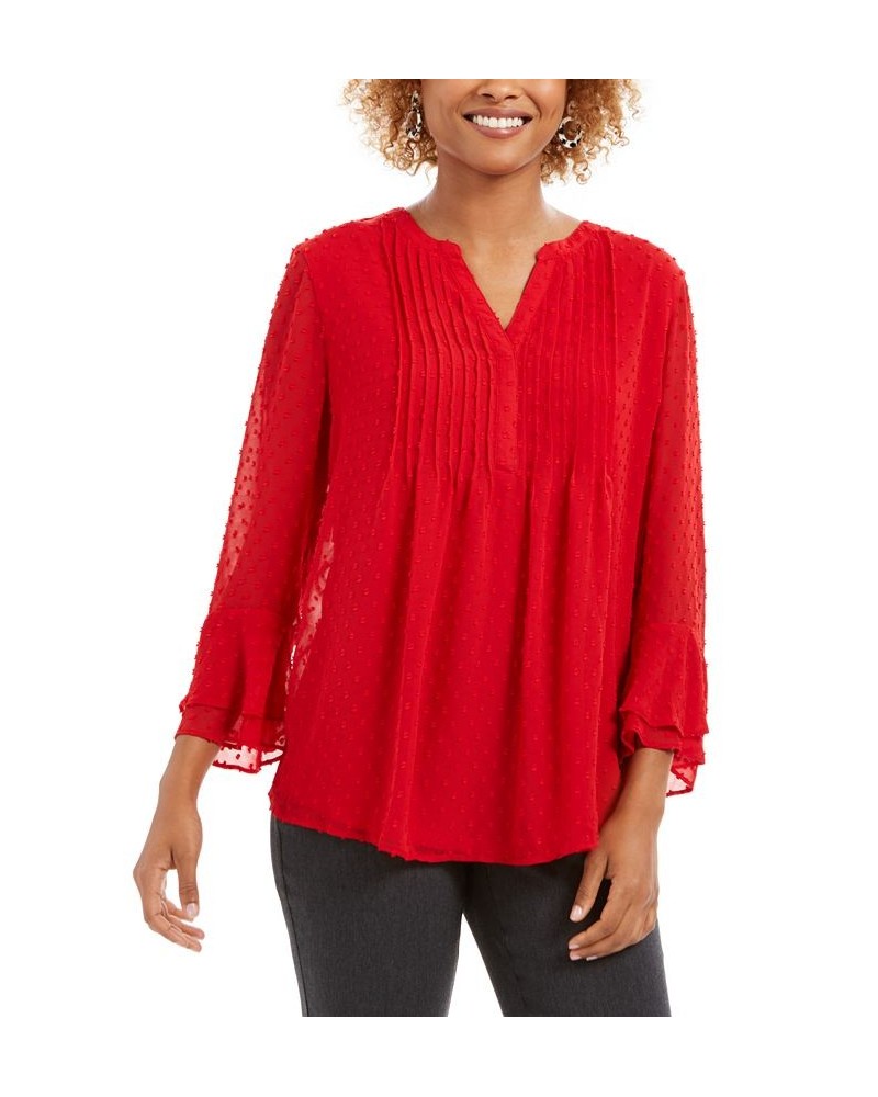 Double-Ruffle Textured Pintuck Top Red $20.03 Tops