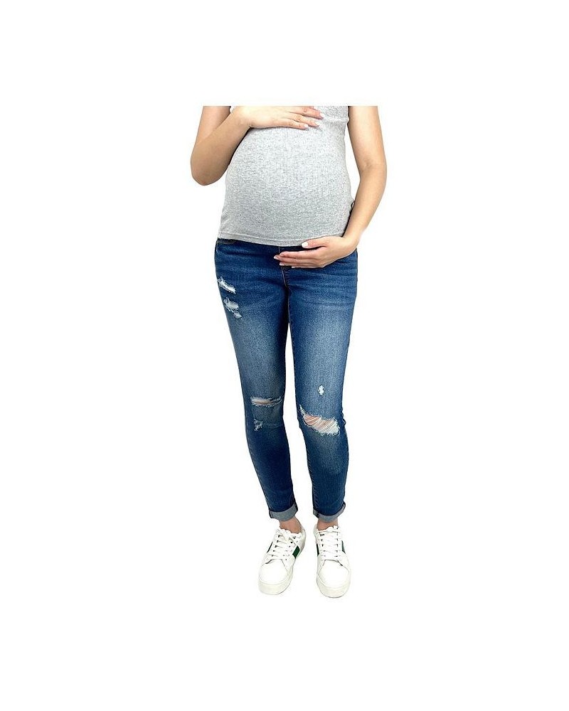 Butt Lifter Distressed Maternity Jean with Band Blue $15.88 Jeans