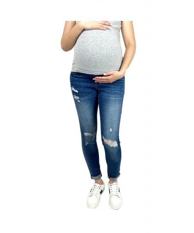 Butt Lifter Distressed Maternity Jean with Band Blue $15.88 Jeans