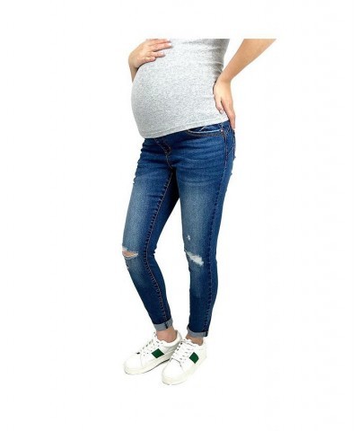 Butt Lifter Distressed Maternity Jean with Band Blue $15.88 Jeans