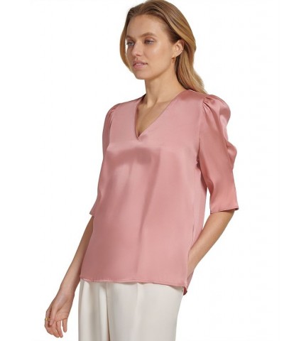 Women's V-Neck Elbow-Length-Sleeve Satin Top Pink $28.90 Tops