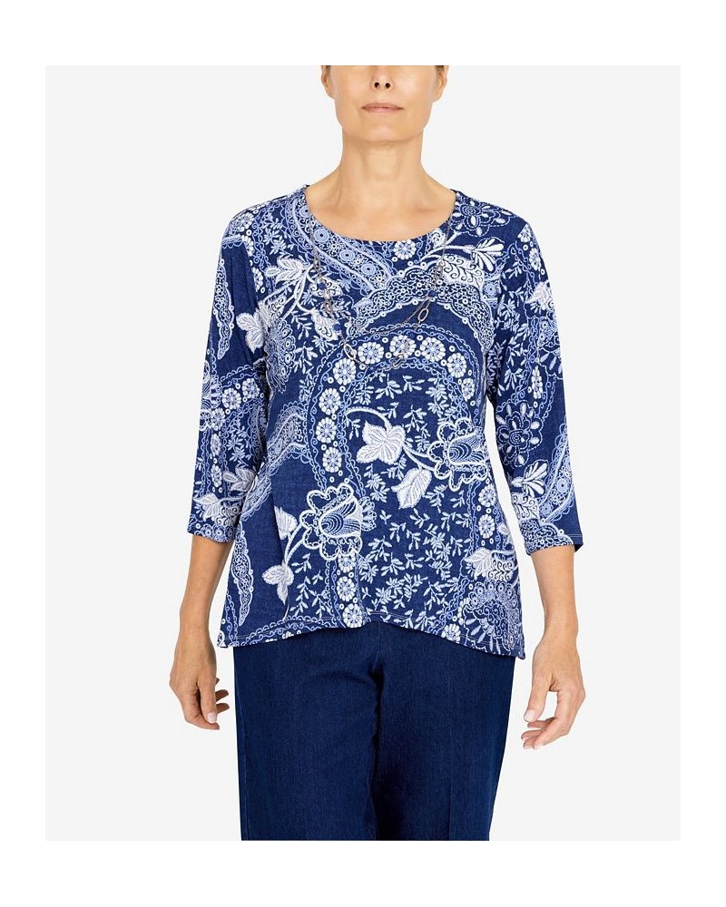 Women's Bright Idea Paisley Floral Knit Top with Necklace Navy $25.63 Tops