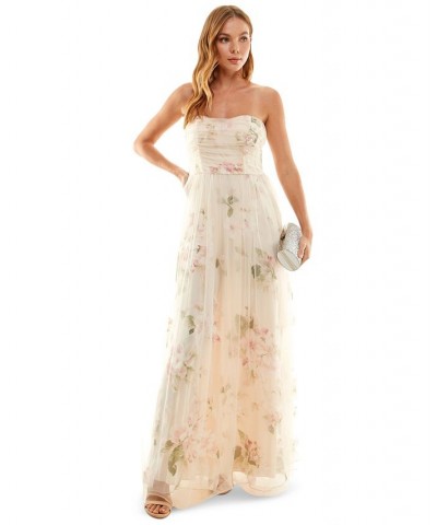 Juniors' Printed Organza and Mesh Gown Cream/Rose $49.29 Dresses