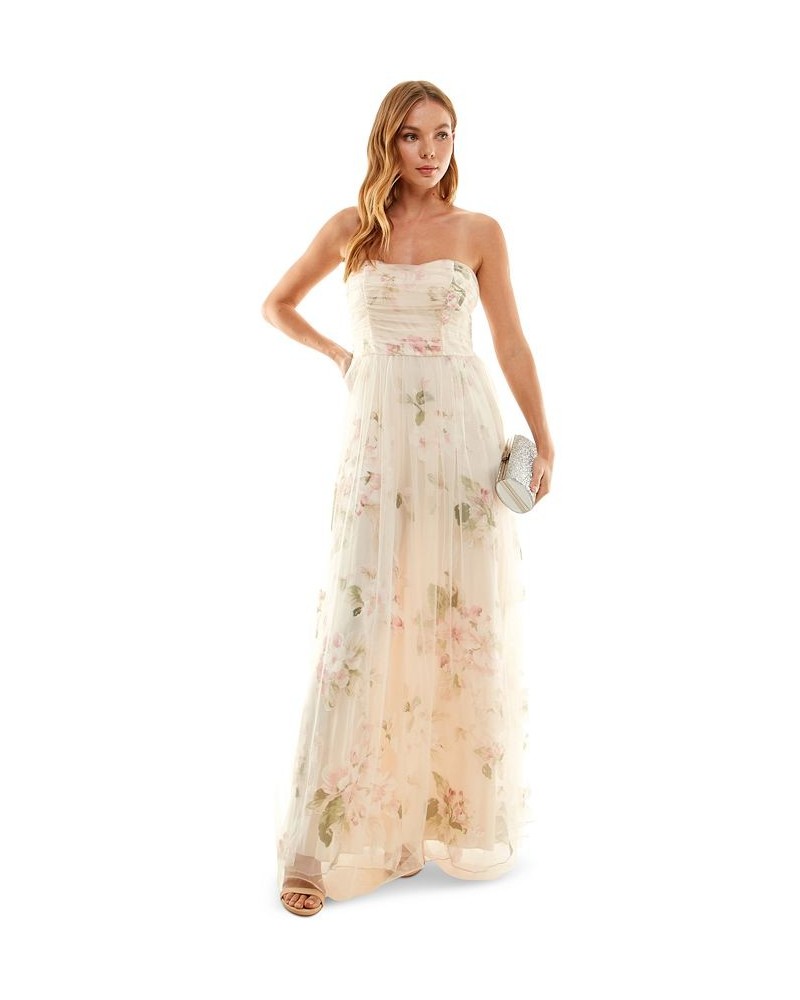 Juniors' Printed Organza and Mesh Gown Cream/Rose $49.29 Dresses