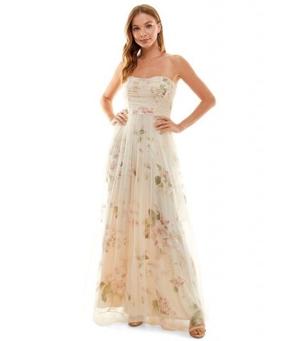 Juniors' Printed Organza and Mesh Gown Cream/Rose $49.29 Dresses