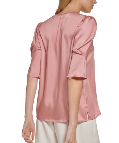 Women's V-Neck Elbow-Length-Sleeve Satin Top Pink $28.90 Tops