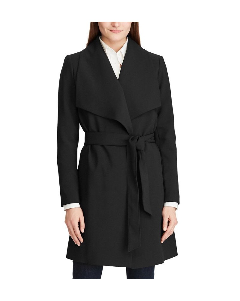 Women's Crepe Belted Wrap Coat Black $52.00 Coats