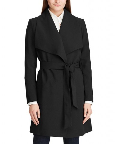 Women's Crepe Belted Wrap Coat Black $52.00 Coats