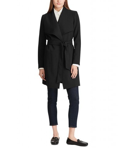 Women's Crepe Belted Wrap Coat Black $52.00 Coats