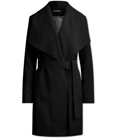 Women's Crepe Belted Wrap Coat Black $52.00 Coats