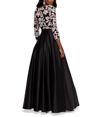 Women's Embroidered-Top 3/4-Sleeve Ball Gown Black Nude $122.06 Dresses