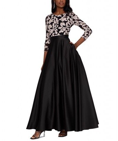 Women's Embroidered-Top 3/4-Sleeve Ball Gown Black Nude $122.06 Dresses