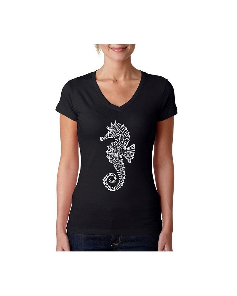 Women's Word Art V-Neck T-Shirt - Types of Seahorse Black $18.54 Tops