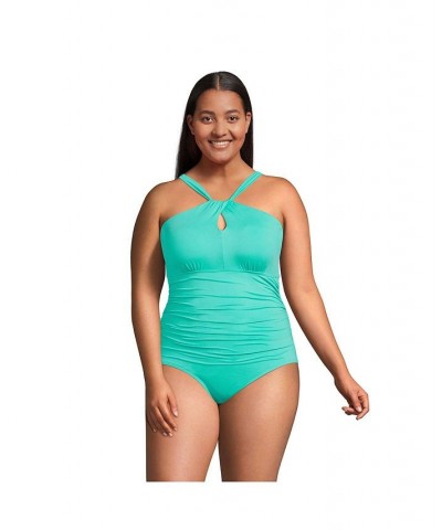 Women's Plus Size High Neck to One Shoulder Multi Way One Piece Swimsuit Green $46.23 Swimsuits