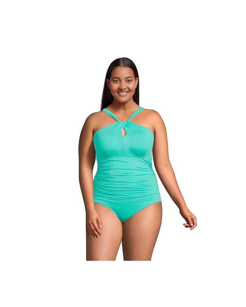 Women's Plus Size High Neck to One Shoulder Multi Way One Piece Swimsuit Green $46.23 Swimsuits