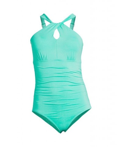 Women's Plus Size High Neck to One Shoulder Multi Way One Piece Swimsuit Green $46.23 Swimsuits