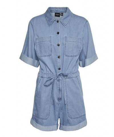 Plus Size Lilia Short Sleeve Denim Playsuit Blue $50.49 Pants