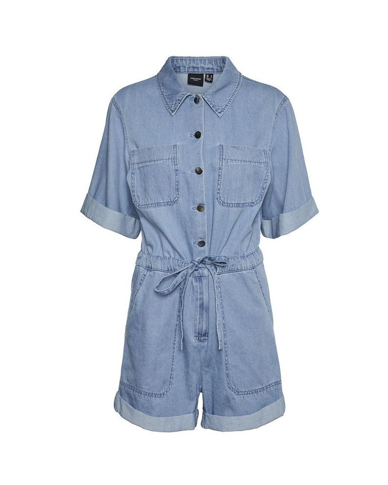 Plus Size Lilia Short Sleeve Denim Playsuit Blue $50.49 Pants