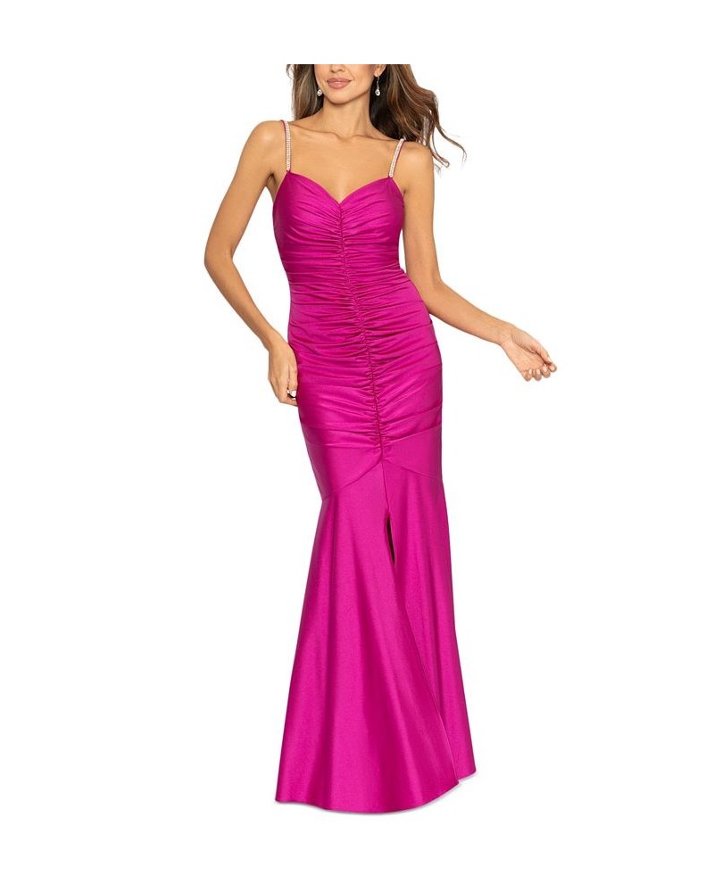 Women's Rhinestone-Strap Ruched-Seam Sleeveless Gown Fuchsia $138.18 Dresses