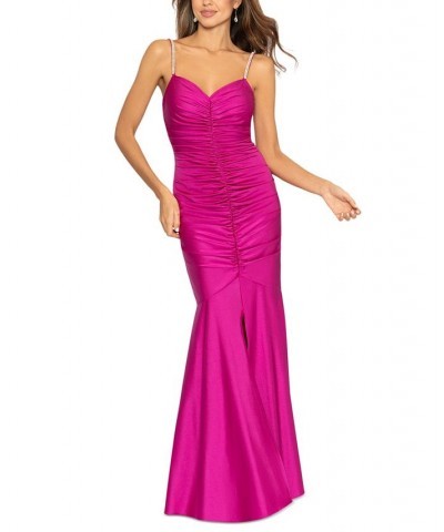 Women's Rhinestone-Strap Ruched-Seam Sleeveless Gown Fuchsia $138.18 Dresses