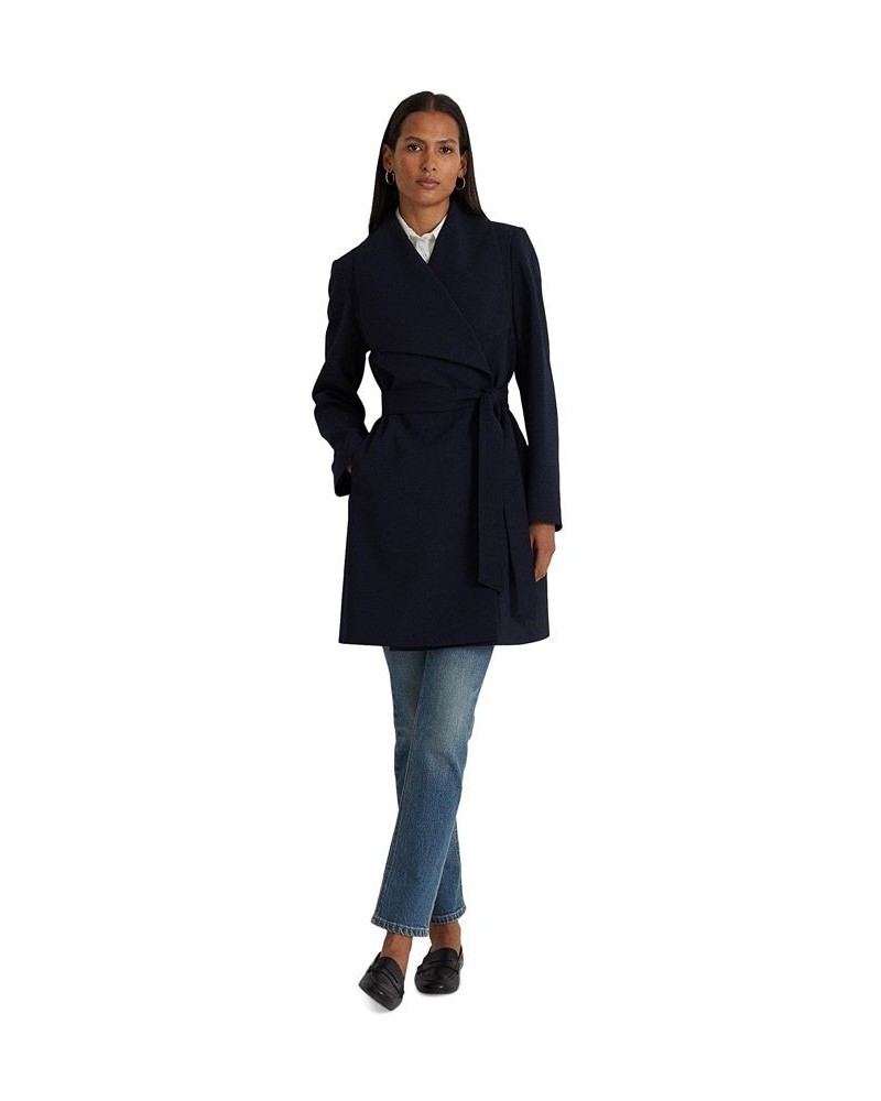 Women's Crepe Belted Wrap Coat Dark Navy $52.00 Coats