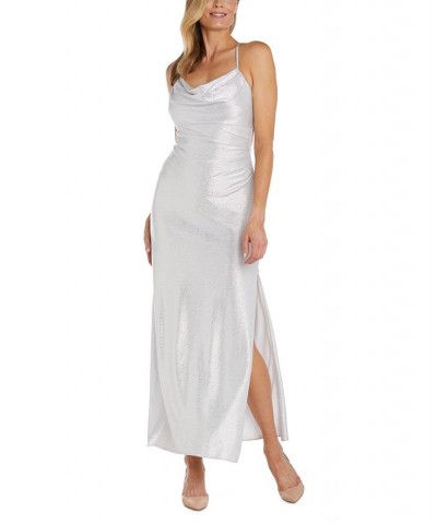 Women's Cowlneck Side-Slit Sleeveless Shimmer Dress White Silver $68.37 Dresses