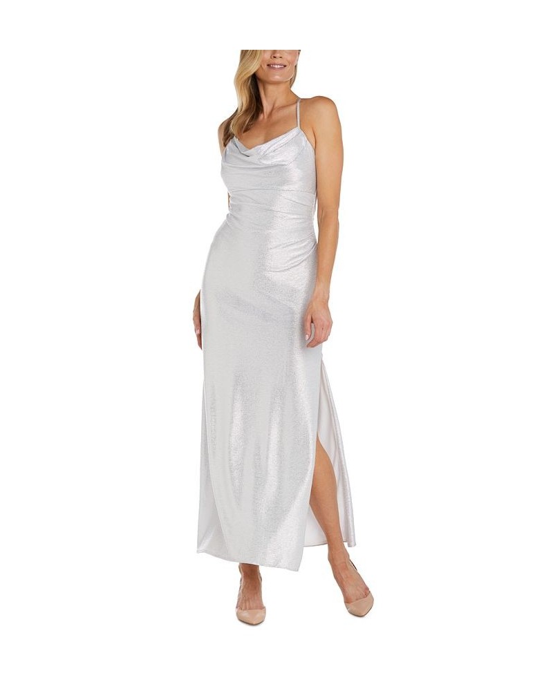 Women's Cowlneck Side-Slit Sleeveless Shimmer Dress White Silver $68.37 Dresses