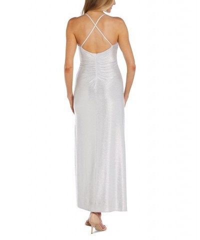 Women's Cowlneck Side-Slit Sleeveless Shimmer Dress White Silver $68.37 Dresses