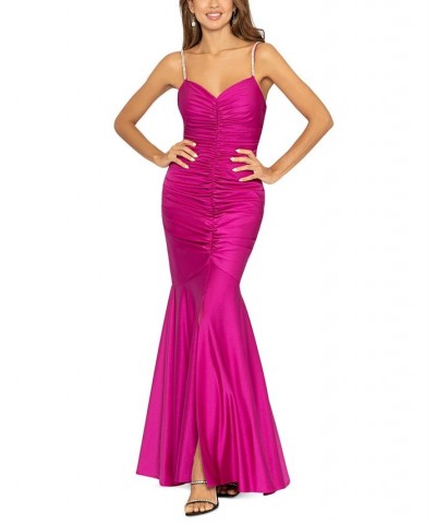 Women's Rhinestone-Strap Ruched-Seam Sleeveless Gown Fuchsia $138.18 Dresses