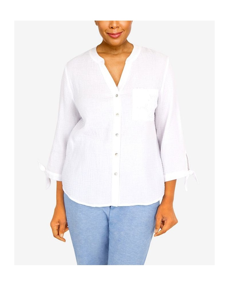 Women's Set Sail Gauze Tie Sleeve Button Down Top White $35.45 Tops