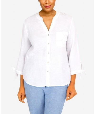 Women's Set Sail Gauze Tie Sleeve Button Down Top White $35.45 Tops