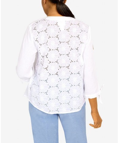 Women's Set Sail Gauze Tie Sleeve Button Down Top White $35.45 Tops