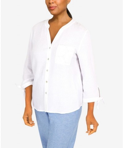 Women's Set Sail Gauze Tie Sleeve Button Down Top White $35.45 Tops