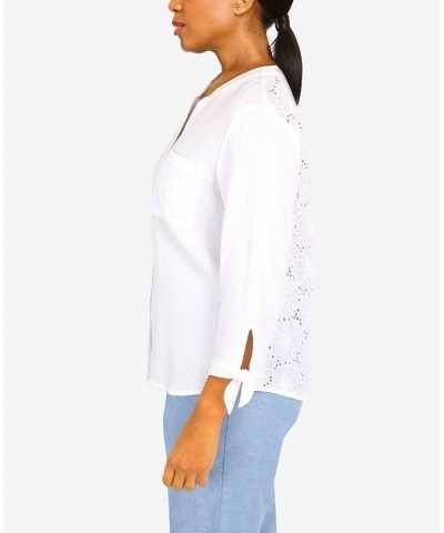 Women's Set Sail Gauze Tie Sleeve Button Down Top White $35.45 Tops