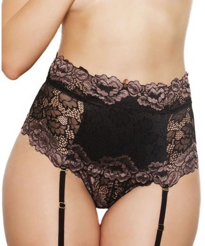 Plus Size Hi-Waist Garter Thong 2pc Lingerie Set Brown $30.80 Lingerie