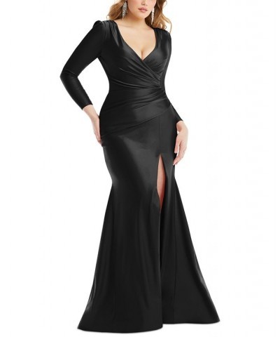 Women's Long-Sleeve Side-Ruched Satin Gown Black $131.48 Dresses