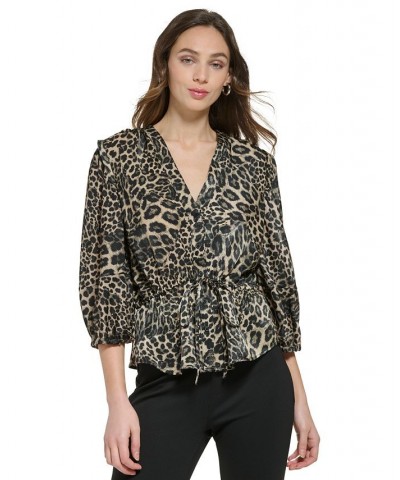 Women's V-Neck 3/4-Sleeve Tie-Front Blouse Safari Khaki/Black $53.41 Tops