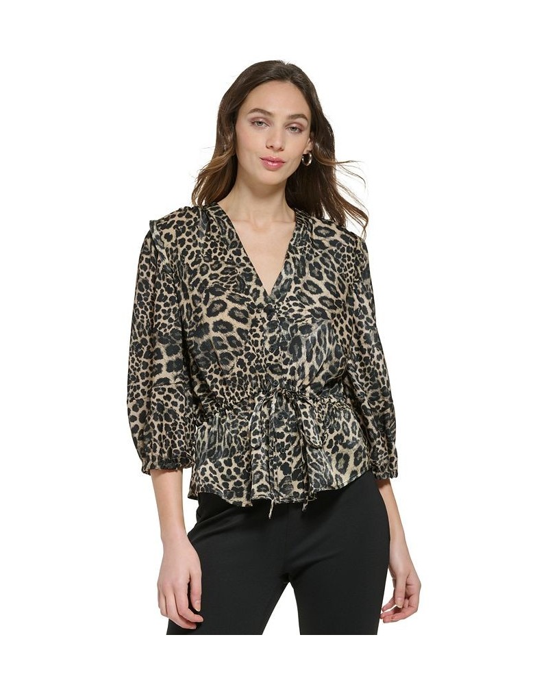 Women's V-Neck 3/4-Sleeve Tie-Front Blouse Safari Khaki/Black $53.41 Tops