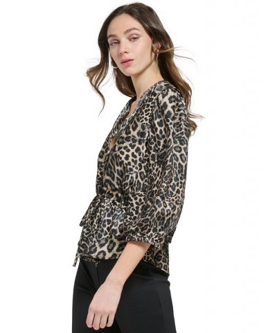 Women's V-Neck 3/4-Sleeve Tie-Front Blouse Safari Khaki/Black $53.41 Tops