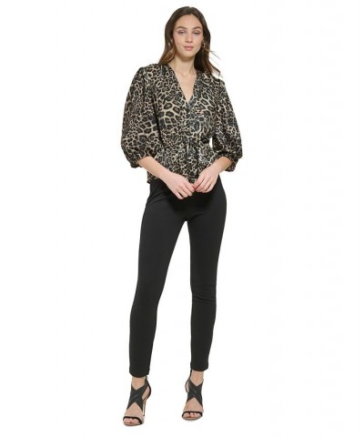 Women's V-Neck 3/4-Sleeve Tie-Front Blouse Safari Khaki/Black $53.41 Tops