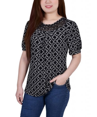 Petite Short Puff Sleeve Mesh Inset Top Black White Iconic $13.80 Tops