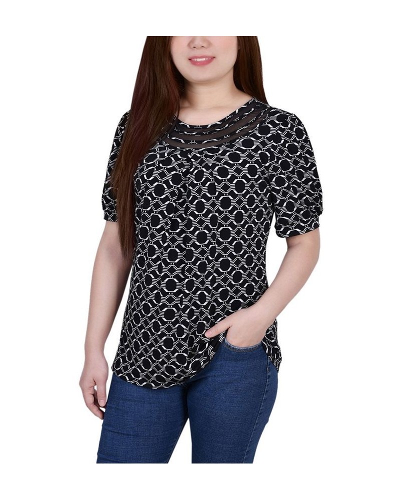 Petite Short Puff Sleeve Mesh Inset Top Black White Iconic $13.80 Tops