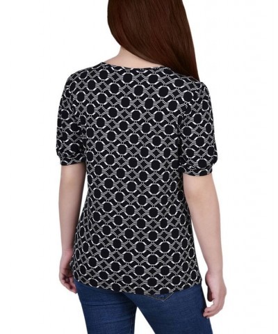 Petite Short Puff Sleeve Mesh Inset Top Black White Iconic $13.80 Tops