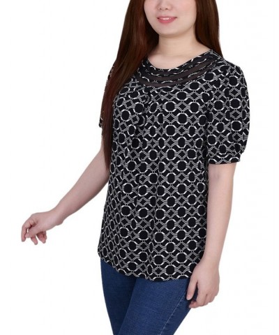 Petite Short Puff Sleeve Mesh Inset Top Black White Iconic $13.80 Tops