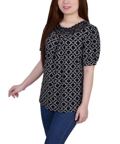 Petite Short Puff Sleeve Mesh Inset Top Black White Iconic $13.80 Tops