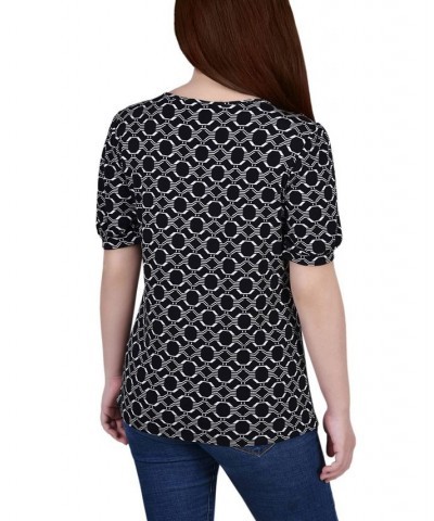 Petite Short Puff Sleeve Mesh Inset Top Black White Iconic $13.80 Tops