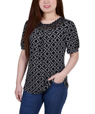 Petite Short Puff Sleeve Mesh Inset Top Black White Iconic $13.80 Tops